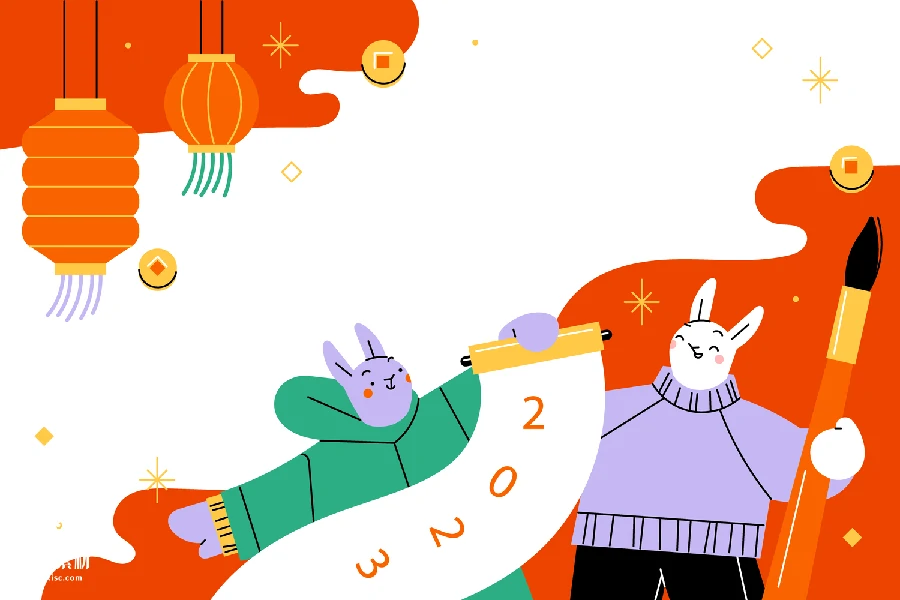 潮流趣味卡通可爱兔子兔年新年春节插画banner海报AI矢量设计素材【006】